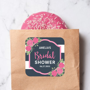 Blaue Streifen Rosenrosen Brautparty Quadratischer Aufkleber