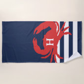 Blaue Streifen, roter Krebs, Monogramm Strandtuch (Vorderseite)