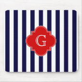 Blaue Streifen, rotes Quatrefolienmonogramm Mousepad (Vorne)