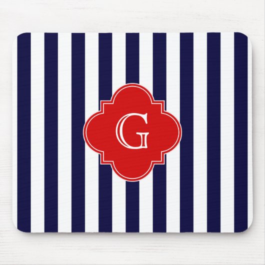 Blaue Streifen, rotes Quatrefolienmonogramm Mousepad (Vorne)