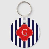 Blaue Streifen, rotes Quatrefolienmonogramm Schlüsselanhänger (Vorderseite)
