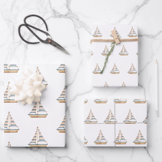 Blaue Streifen Sailboat Geschenkpapier Set (Vorderseite)