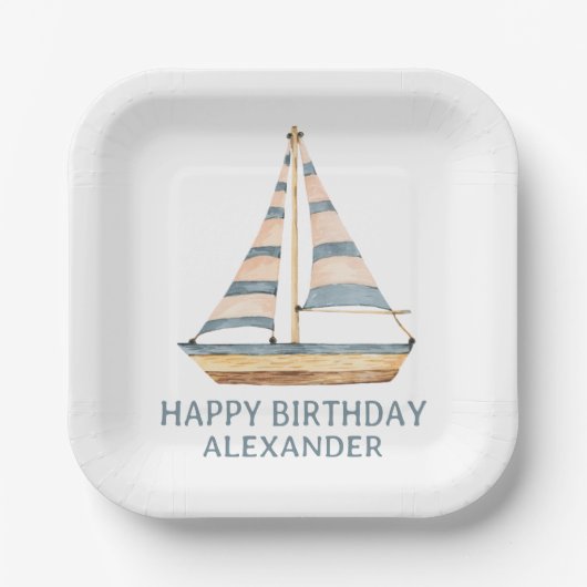 Blaue Streifen Sailboat Pappteller (Vorderseite)