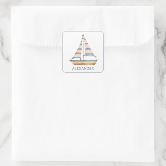 Blaue Streifen Sailboat Quadratischer Aufkleber (Tasche)