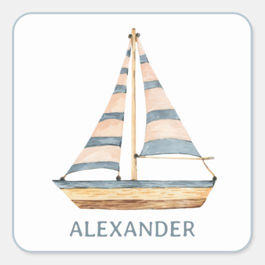 Blaue Streifen Sailboat Quadratischer Aufkleber (Vorderseite)