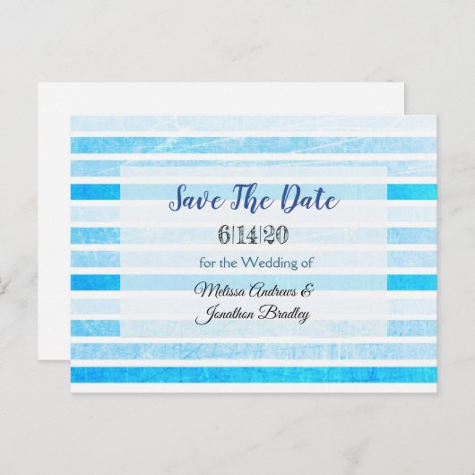 Blaue Streifen Save the Date Postkarte (Vorne/Hinten)