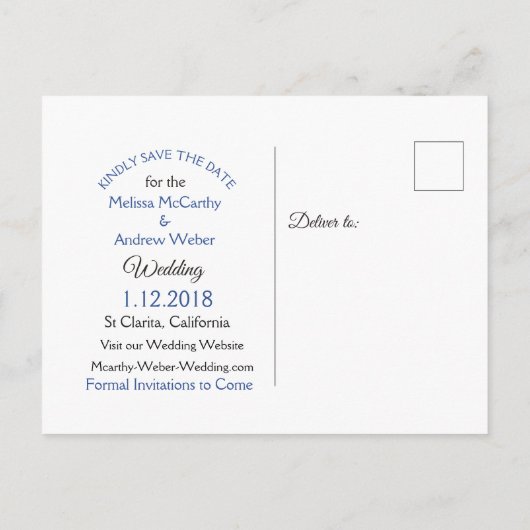 Blaue Streifen Save the Date Postkarte (Rückseite)