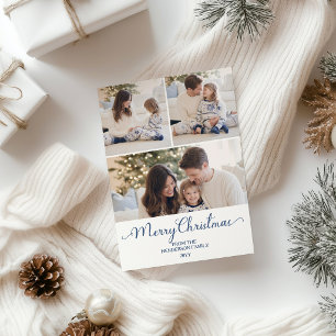Blaue Streifen-Schleifen-Familie 3 Foto Weihnachte Feiertagskarte