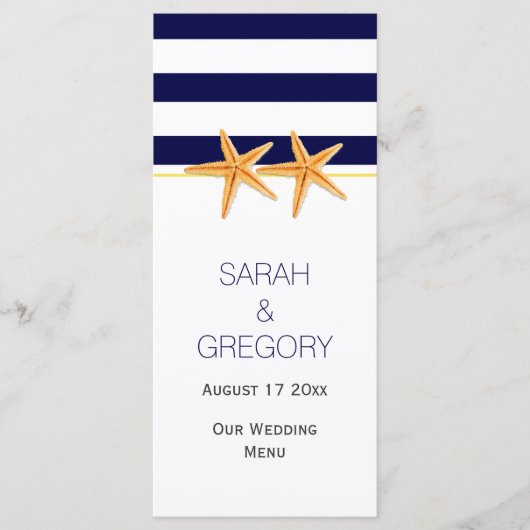 Blaue Streifen Sternenfrüchte Hochzeitskarte Menükarte (Vorderseite)