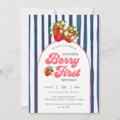 Blaue Streifen Strawberry 1. Geburtstag Einladung (Rückseite)