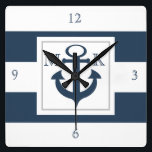 Blaue Streifen und Anker mit Monogramm Quadratische Wanduhr<br><div class="desc">Dicke blaue und weiße Streifen mit Anker und Monogramm. Personalisieren Sie wie gewünscht.</div>