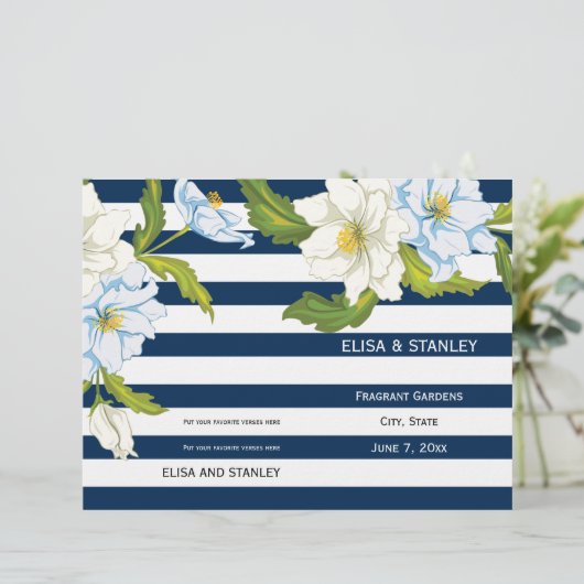 Blaue Streifen und Blume Modernes Hochzeitsprogram (Stehend Vorderseite)