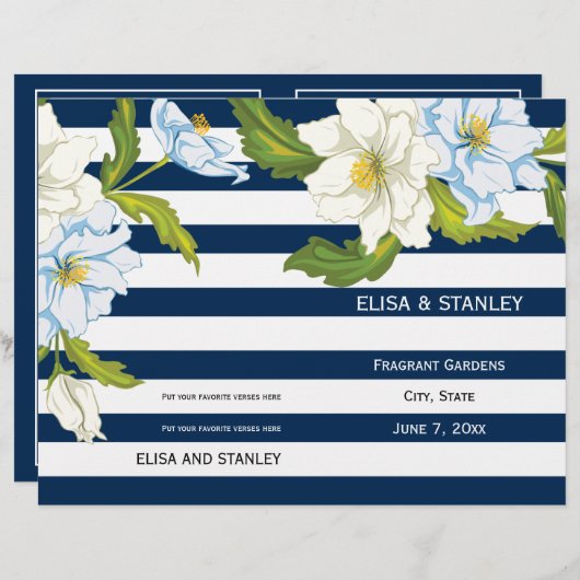 Blaue Streifen und Blume Modernes Hochzeitsprogram (Vorne/Hinten)