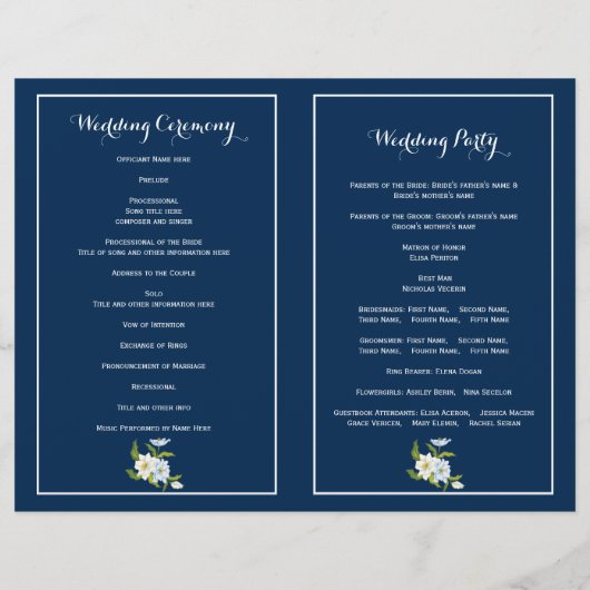 Blaue Streifen und Blume Modernes Hochzeitsprogram (Rückseite)