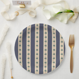 Blaue Streifen Und Blumen Pappteller