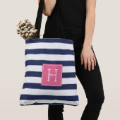 Blaue Streifen und rosa Monogramm Tasche (Von Nahem)