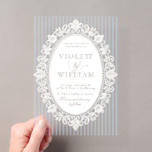 Blaue Streifen Vintage-Spitze Old Money Hochzeit Acryleinladungen