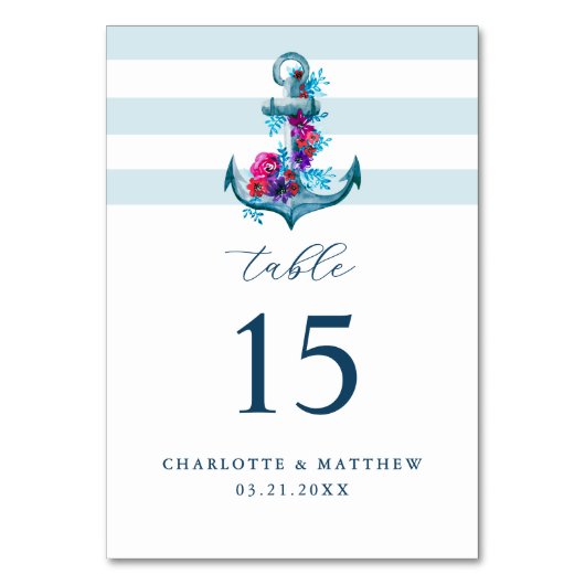 Blaue Streifen Wasserfarbenanker Hochzeit Tischnummer (Vorderseite)