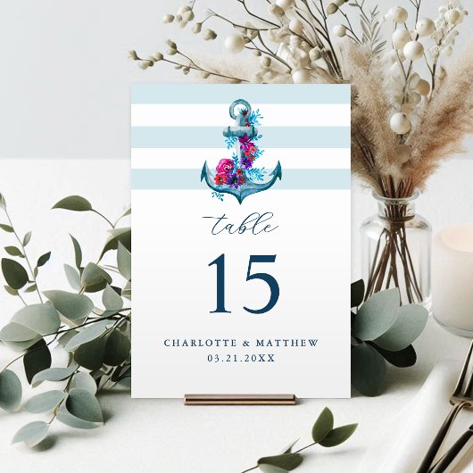 Blaue Streifen Wasserfarbenanker Hochzeit Tischnummer