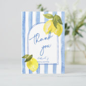 Blaue Streifen-Zitronen-Brautparty Dankeskarte (Stehend Vorderseite)