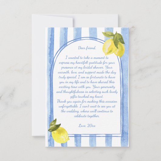 Blaue Streifen-Zitronen-Brautparty Dankeskarte (Rückseite)