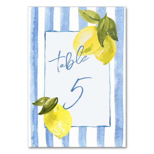 Blaue Streifen-Zitronen-Brautparty Tischnummer (Rückseite)