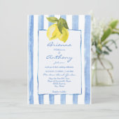 Blaue Streifen Zitronen Italienische Hochzeit Einladung (Stehend Vorderseite)