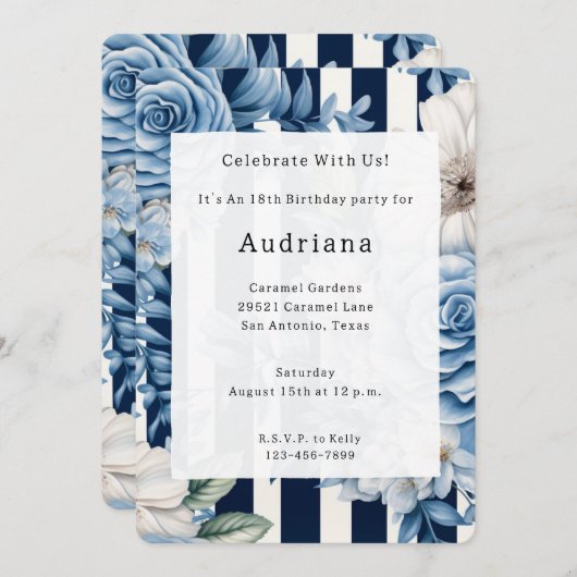 Blaue Streifen zum Geburtstag Einladung (Vorne/Hinten)