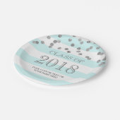 Blaue Streifensilberner Confetti-Abschluss 2018 Pappteller (Schrägansicht)