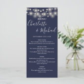 Blaue String-Lichter-Signatur-Hochzeitmenü Menükarte (Stehend Vorderseite)