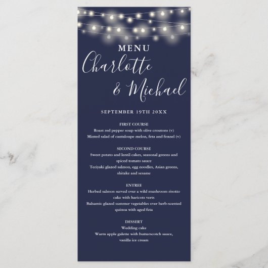 Blaue String-Lichter-Signatur-Hochzeitmenü Menükarte (Vorderseite)