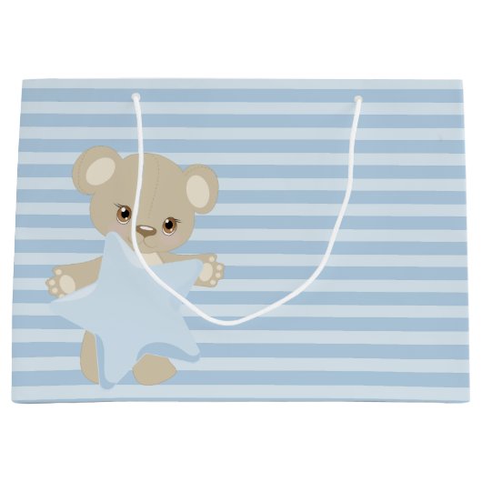 BLAUE STRIPEN TAN TEDDY BEAR & STAR GROßE GESCHENKTÜTE (Vorderseite)