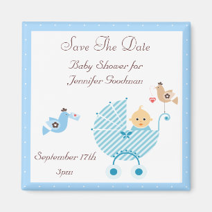 Blaue Stroller-u. Vogel-Save the Date Baby-Dusche Magnet