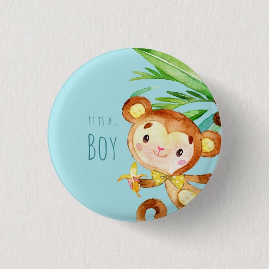Blaue süße Monkey-Baby-Junge-Ankündigung 2 Button (Vorderseite)