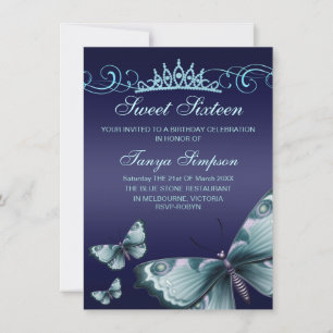 Blaue Sweet16 Schmetterling & Tiara Geburtstagsein Einladung