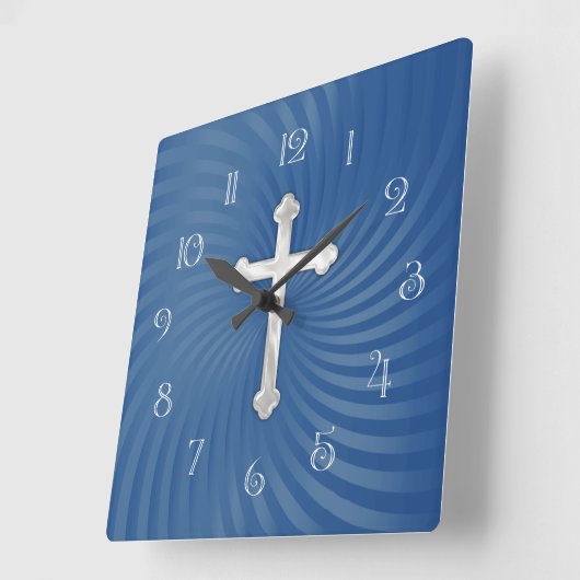 Blaue Swirbelkugel Hintergrund Weißes Frühkreuz Quadratische Wanduhr (Winkel)