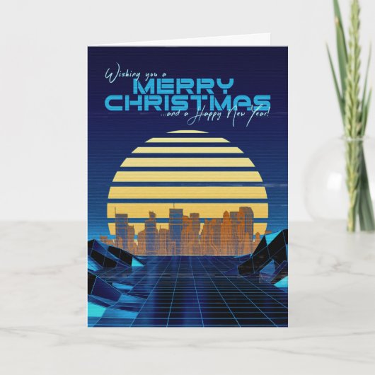 Blaue Synthwave-Weihnachtskarte Feiertagskarte (Vorderseite)