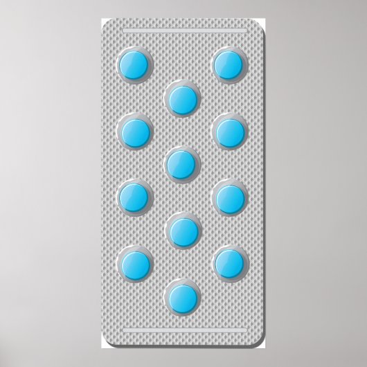 Blaue Tabletten in einem Packungsbeilage Poster (Vorne)