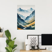 Blaue Tan-Gebirgslandschaft Poster (Heimbüro)