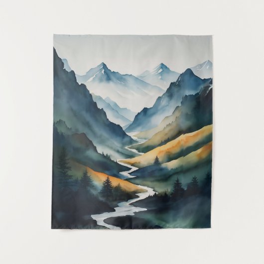 Blaue Tan-Gebirgslandschaft Wandteppich (Vorderseite)