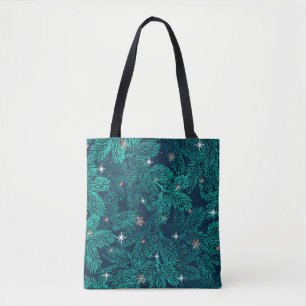 Blaue Tannenzweige mit weißen Schneeflocken Tasche
