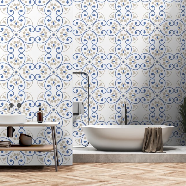 Blaue Tapete im mediterranen Stil (Badezimmer)