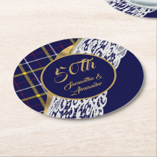Blaue Tartan-Hochzeit Runder Pappuntersetzer