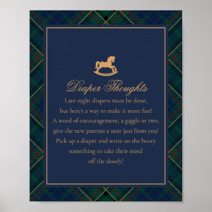 Blaue Tartan-Karo-Schaukelpferd-Windelgedanken Poster