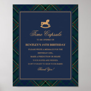 Blaue Tartan-Karo-Schaukelpferd-Zeitkapsel Poster
