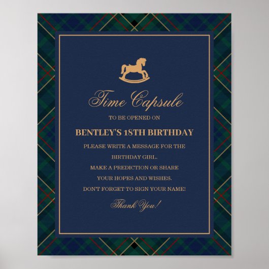 Blaue Tartan-Karo-Schaukelpferd-Zeitkapsel Poster (Vorne)