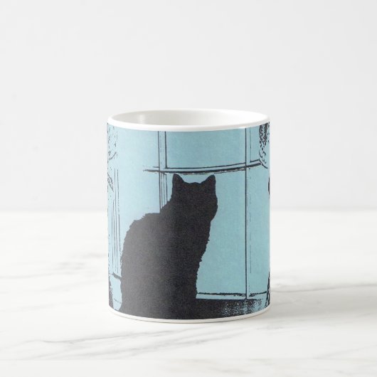 Blaue Tasse mit schwarzer Katze im Fenster (Mittel)