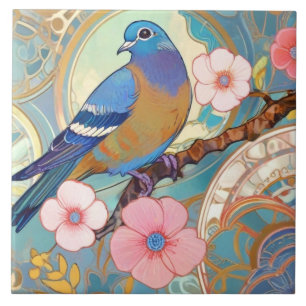 Blaue Taube Bird Rosa Blütenfrüchte Blumen Aqua Fliese