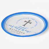 Blaue Taufe Christening Naming Cross Pappteller (Schrägansicht)