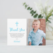 Blaue Taufe Christening Religious Boy Foto Dankeskarte (Stehend Vorderseite)